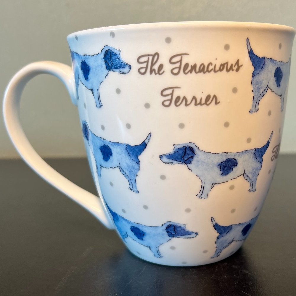 Milly Green The Tenacious Terrier Ceramic Mug Blue Polka Dot Large Dog Mug 18oz